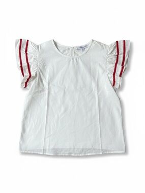 Prosperina‎ White Cotton Ruffle Sleeve Top Red Stripe L NWT